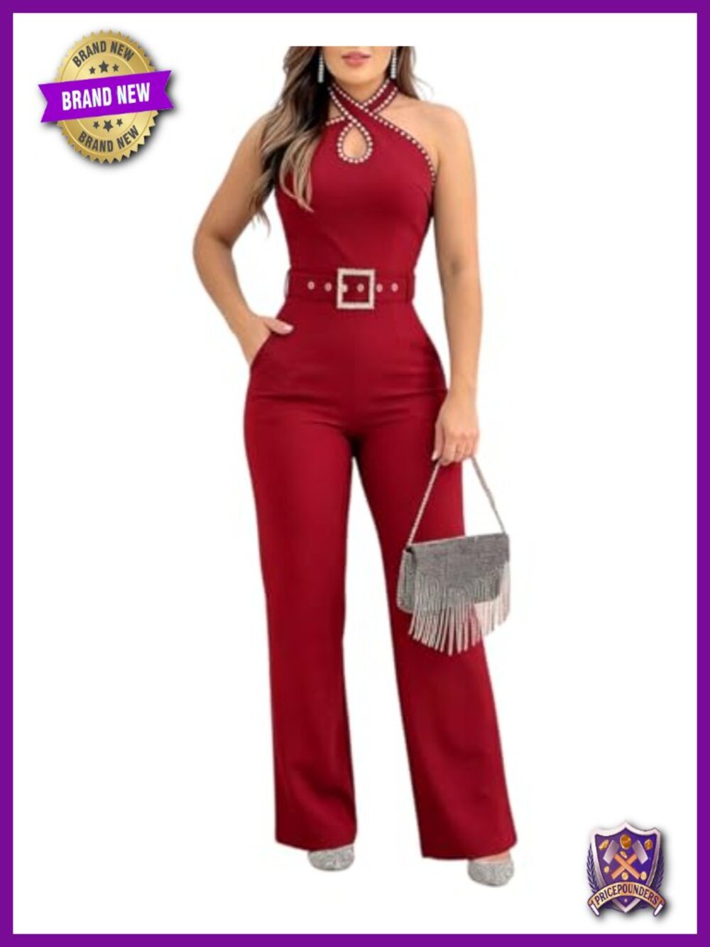 Halter Jumpsuit Elegant Rhinestone Sleeveless Wide Leg Romper with Belt Dressy - Picture 1 of 6